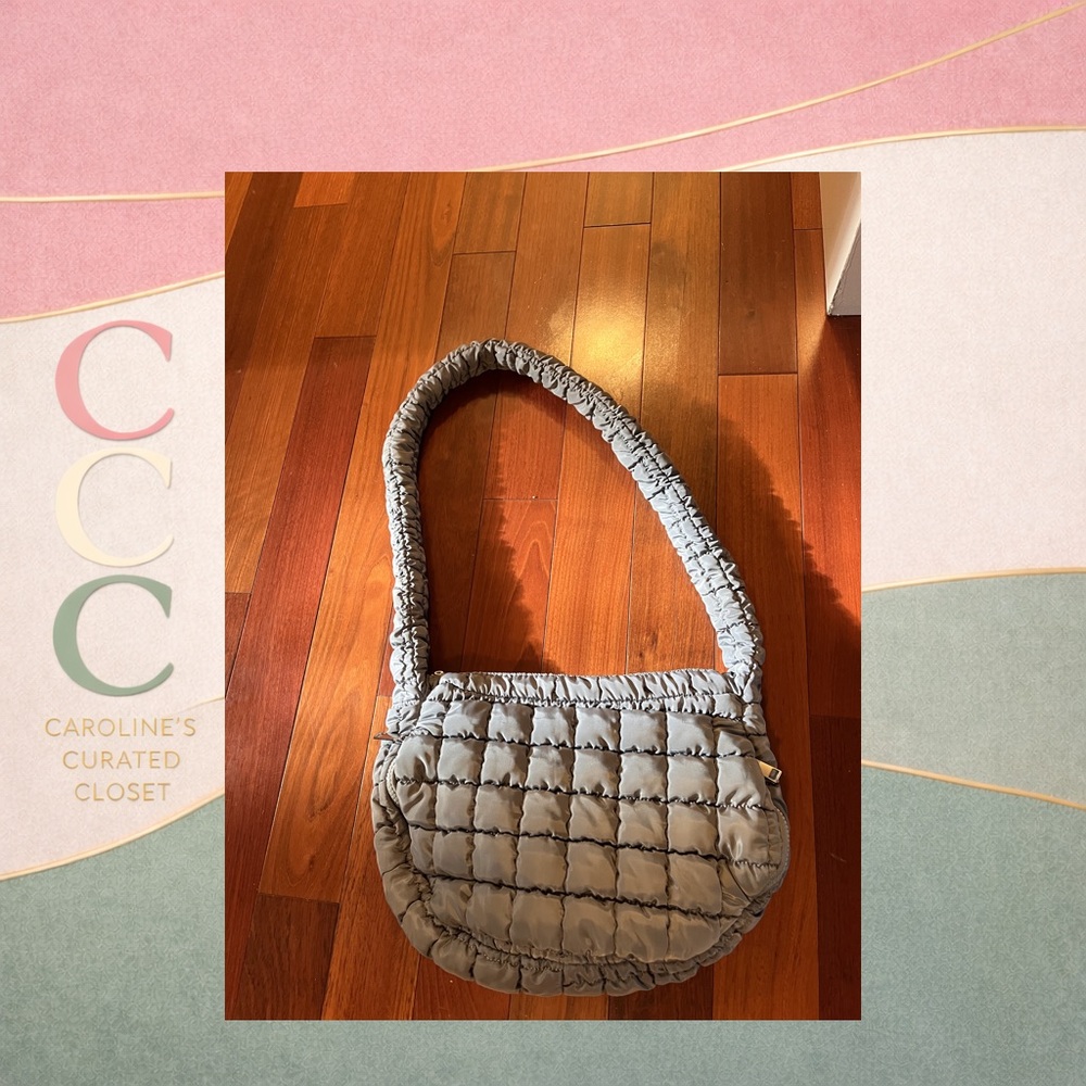 Grey Quilted Puffer Shoulder Bag Minimalist Nylon Crossbody Chic